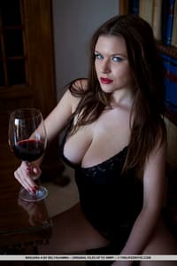 Hot teen Marjana A unveils her great body of a glass of red wine in the study
