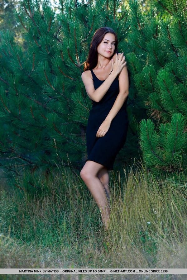 Beautiful teen Martina Mink frees her great body from black dress by fir trees