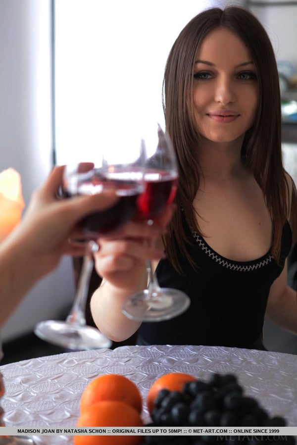 Sexy teen Madison Joan strips naked while enjoying a glass of wine