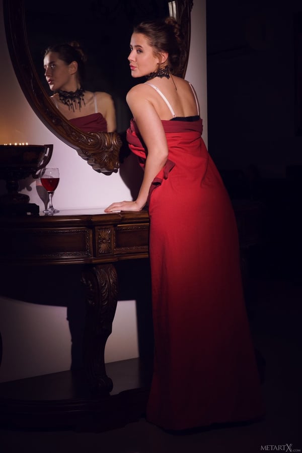 Sybil A elegantly took off red dress and luxury lingerie after some wine