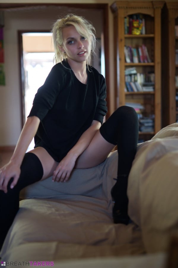 Picture by glambabes-galleries showing 'Blonde solo girl Chloe Toy casts sultry looks while naked in black OTK socks' number 7