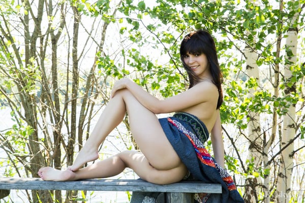 Picture by glambabes-galleries showing 'Brunette teen Zelda flashes her tits and no panty upskirts on a picnic table' number 3
