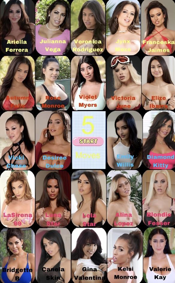 Picture by TeamR0cketC00m saying 'Assemble Your Pornstar Fantasy Squad - Latina Edition! 5 Moves From The Center, No Jumps/skips, Diagonals Allowed!'